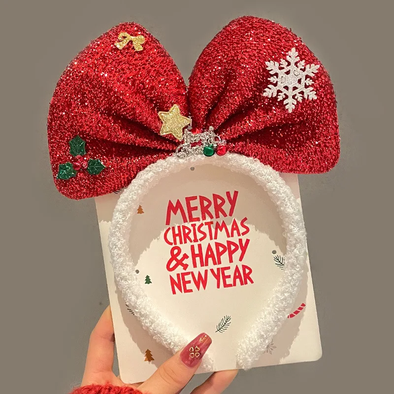 Милая мультяшная рождественская повязка на голову Санта-Клауса с оленьими ушками, рождественская петля для волос с рогами, пушистая плюшевая заколка для волос, детский головной убор