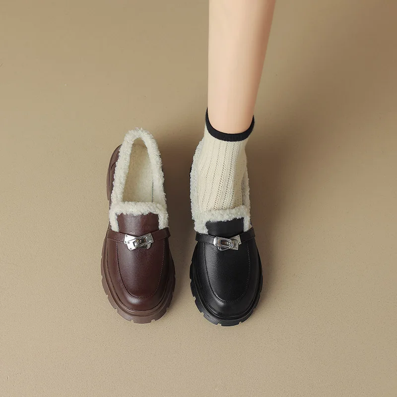 

Женские лоферы Phoentin в стиле ретро с плюшевой подкладкой, 2023, зимние туфли из натуральной кожи с круглым носком, туфли на платформе и среднем каблуке FT3013