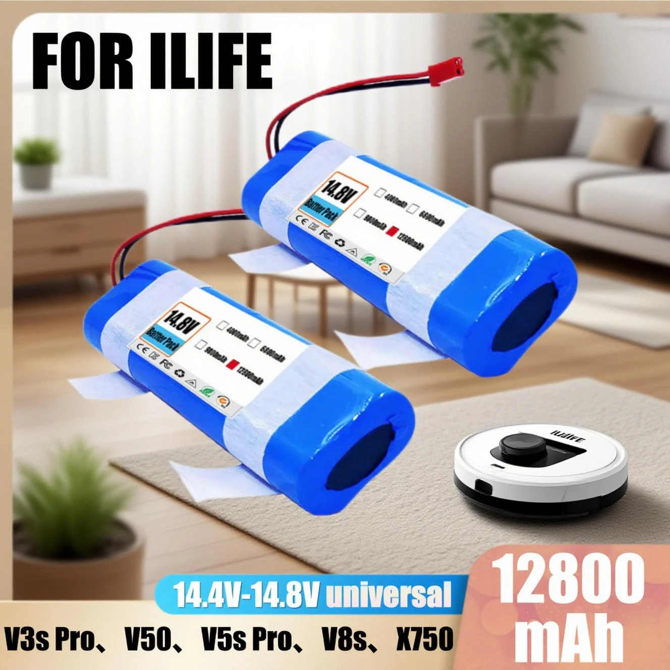 Фото Литиевая батарея 14.8V 12800mAh для ILIFE V3s Pro, V50, V5s Pro, V8s, V80 Max, B5 Max, S5 Pro, X750 с защитой от перегрева, высокая совместимость №1