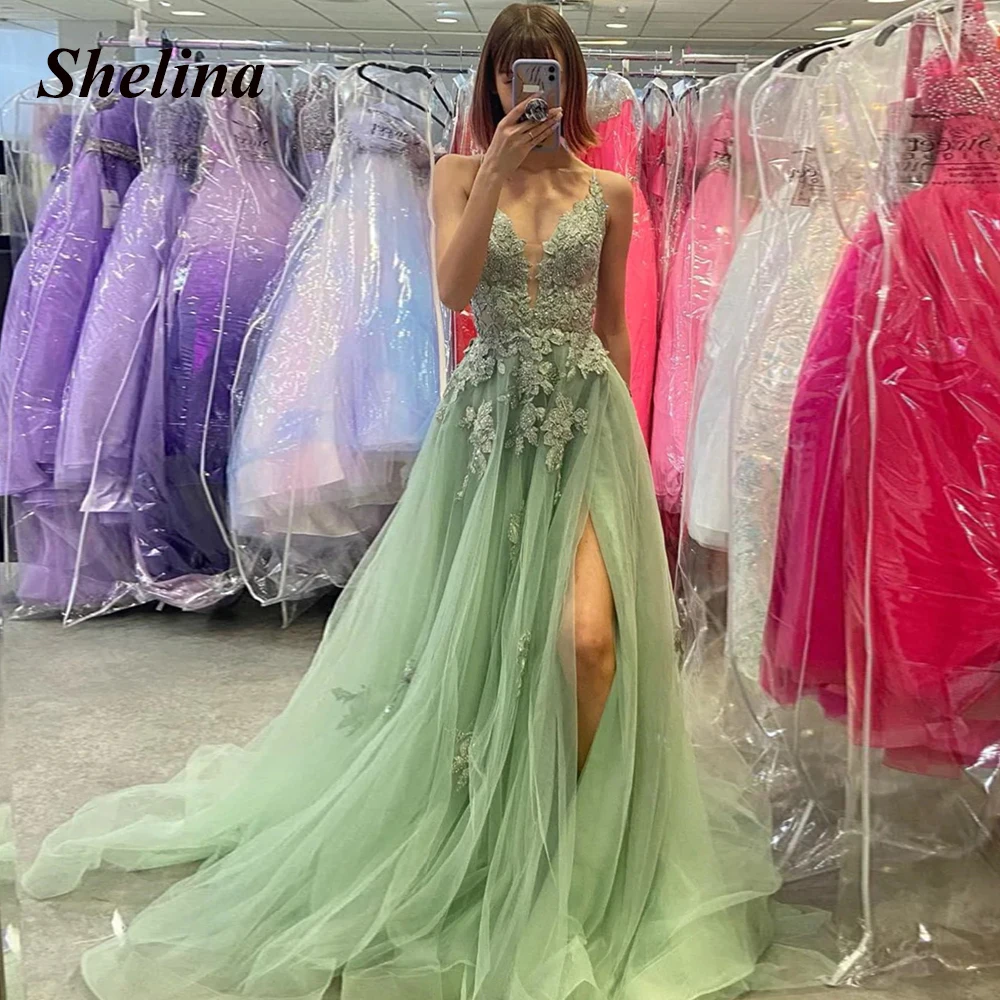 

Shelina Exquisite Slit Tulle Formal Occasion Dresses V-neck Spaghetti Strap Appliques A-line Vestido De Noite Customer Made