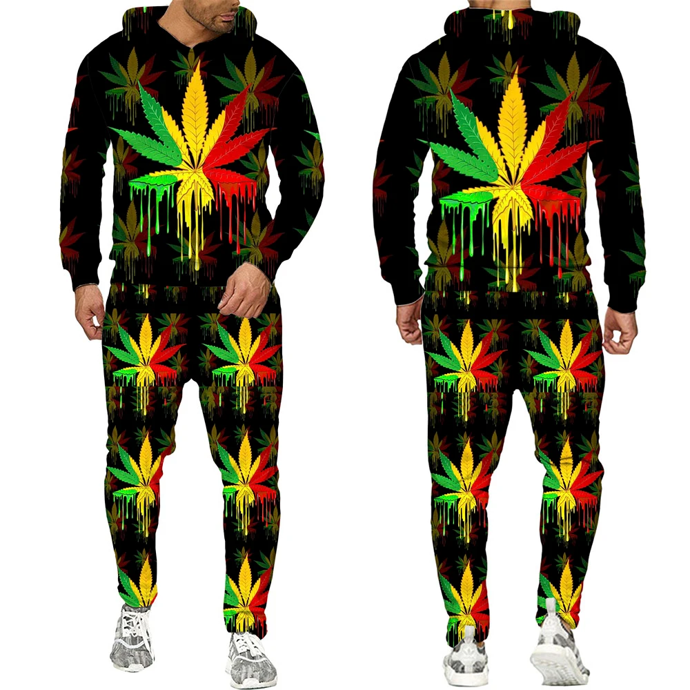 

Толстовка с 3D-принтом растений и листьев, мужские повседневные брюки с длинным рукавом, спортивная одежда, 2 предмета, одежда для бега, фитне...