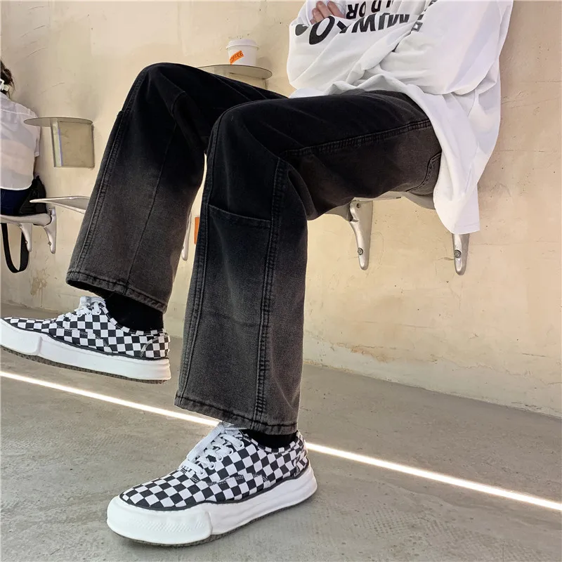 New Jeans Men's Brand Clothing Retro Korean Fashion Men Streetwear Loose Straight Wide-leg Cropped Pants Pantalon Homme  Casual