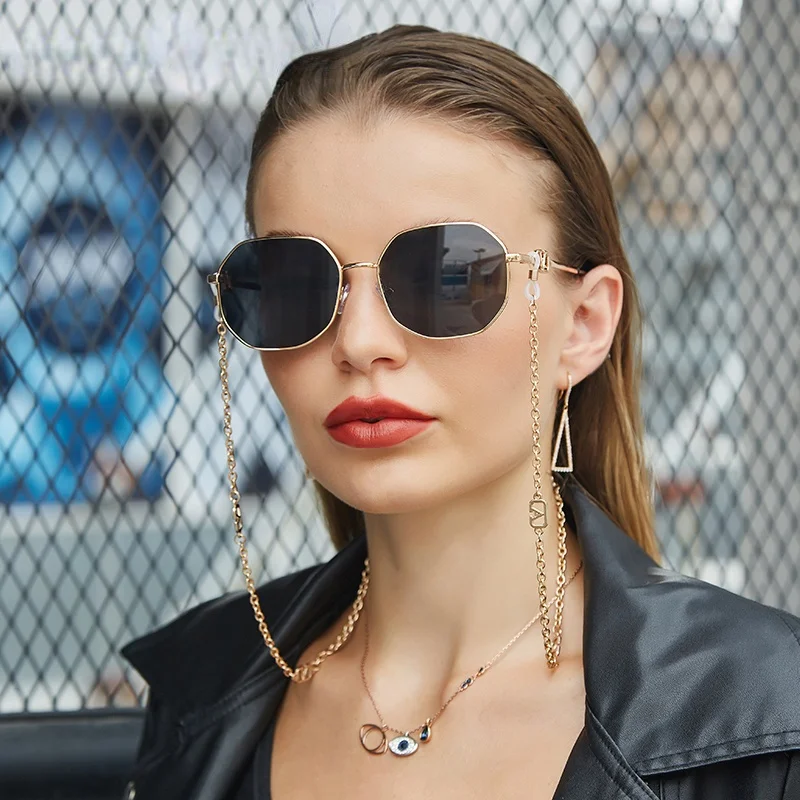 

Fashion Metal Irregular Sunglasses With Chain Women 2021 Luxury Brand Channel Trendy Square Sun Glasses For Female Chic Eyewear