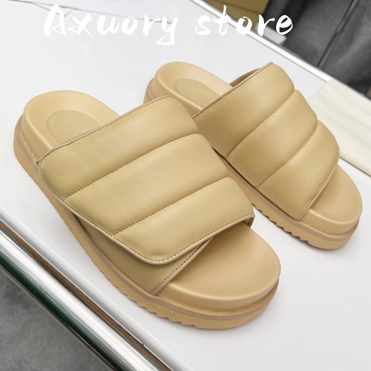 New Woman Slipper Open Toe Thick Sole Beach Mule Comfort Padded Flat Apricot Black Slide Leisure Slippers