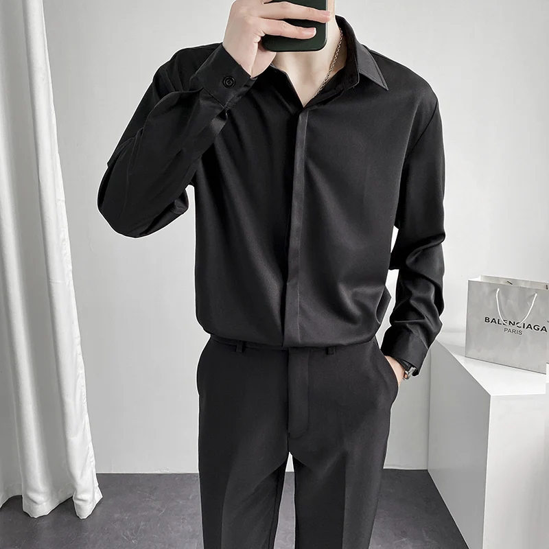 2022 men's spring and summer new concealed button solid color shirt men's loose youth Hong Kong style long sleeved shirt fashion