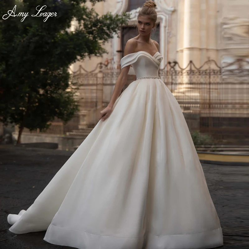

AmyLvager Romantic Strapless Lace Up Custom Bride A-Line Wedding Dress 2023 Luxury Sashes Court Train Satin Princess Bridal Gown
