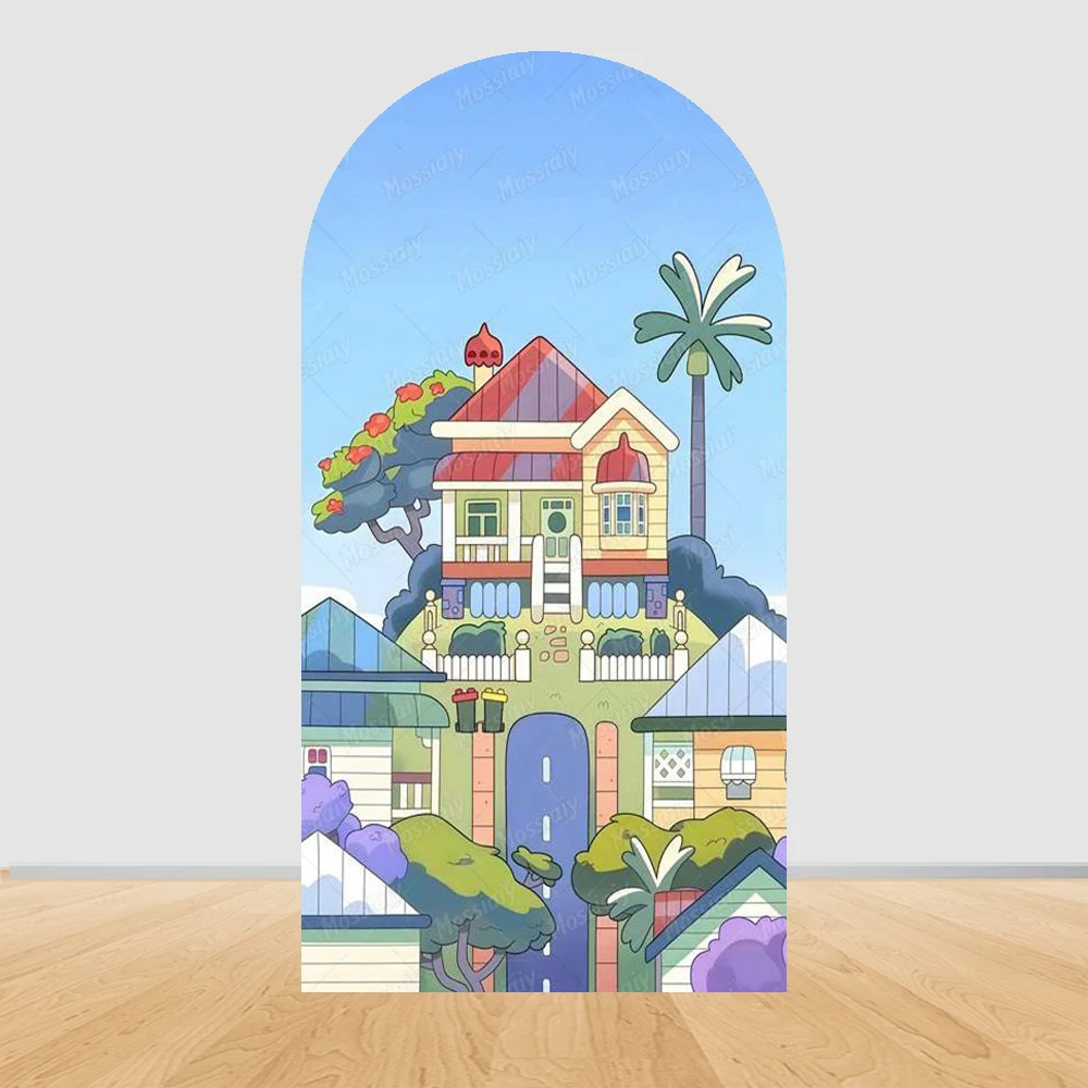 Фото Двусторонний чехол-арка для фотозоны Bluey Family House, декор для дня рождения, детских праздников и бэби-шауэр №3