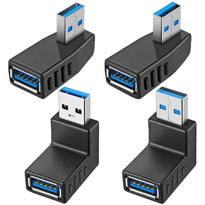 

4 шт., переходники USB 3,0, 90 градусов, штекер-гнездо, разъем USB-включая левый, правый, вверх, вниз угловой адаптер