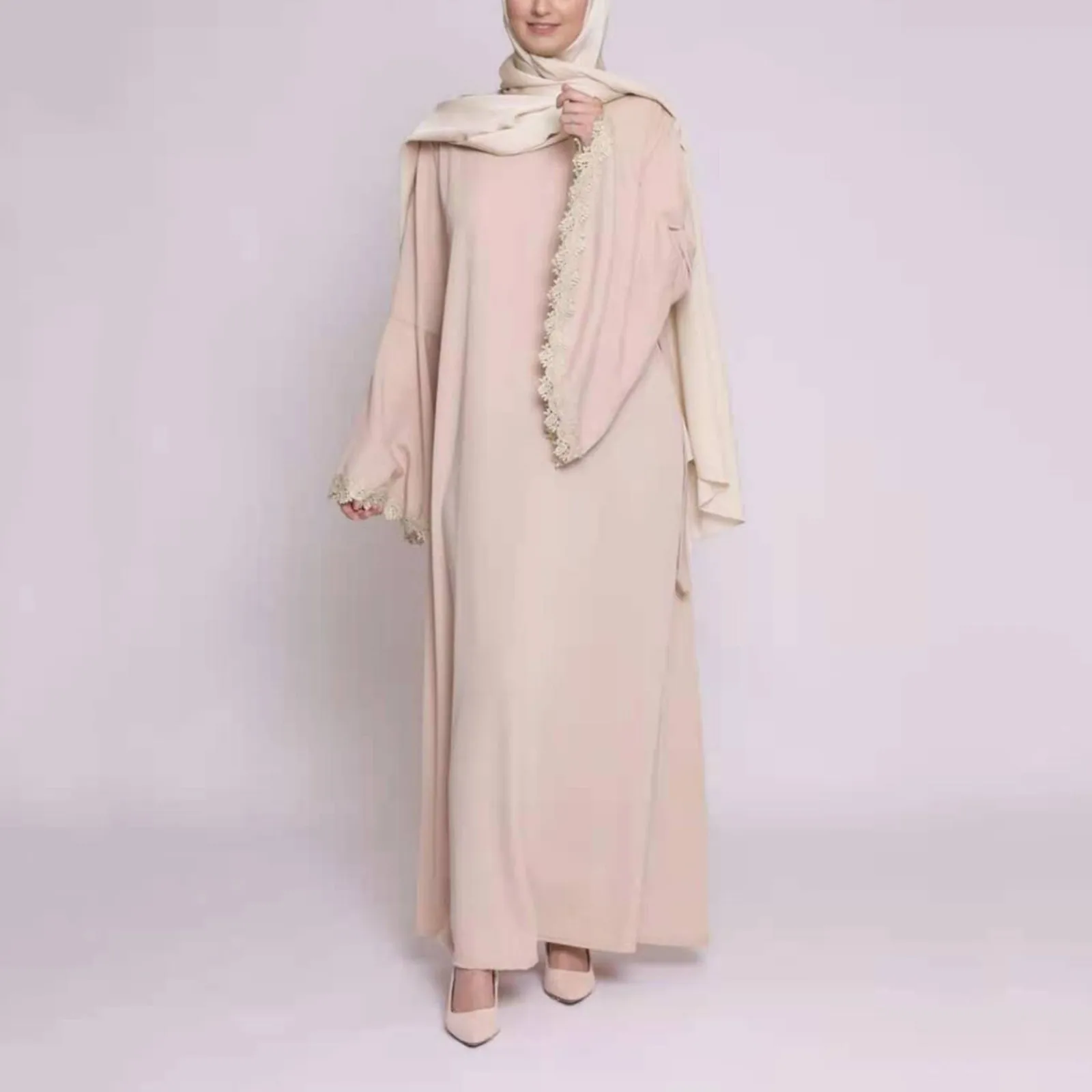 

Dresses for women 2022 Womens Solid Muslim Dress Lace Stitching Flared Sleeve Abaya Islamic Arab Kaftan Casual Dress With Belt