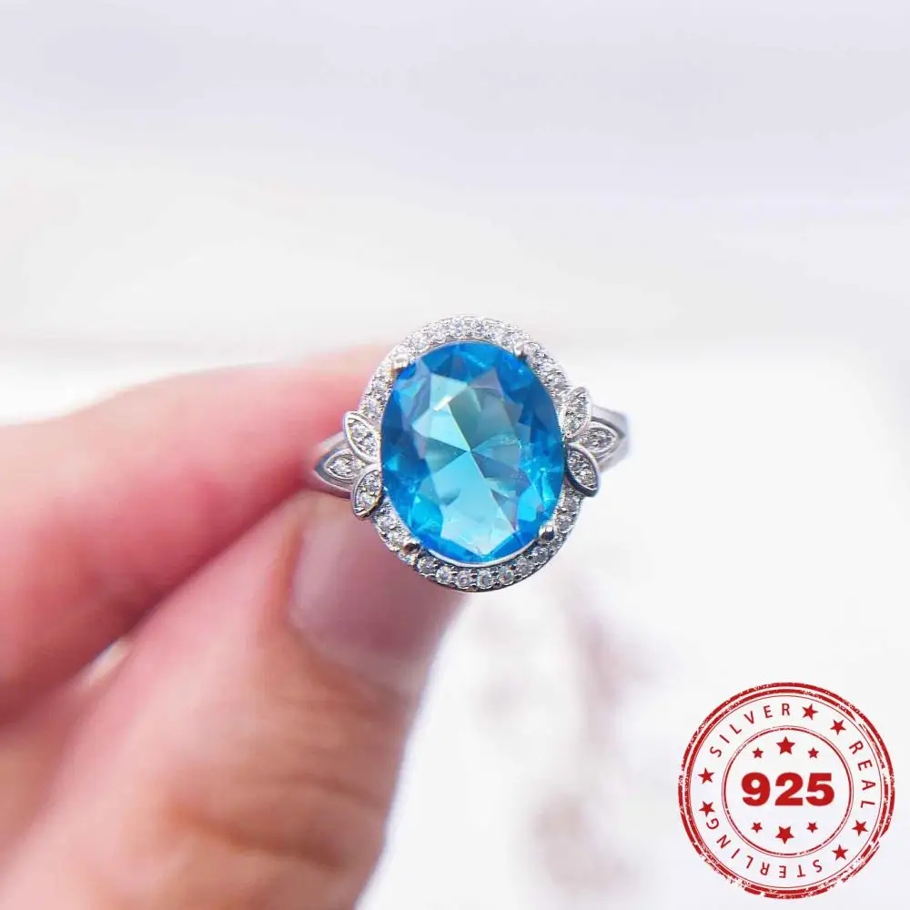 HOYON Pt950 Inlaid Swiss Sky Topa Blue Ring Treasure Ring Real 100% S925 Silver Jewelry for Woman