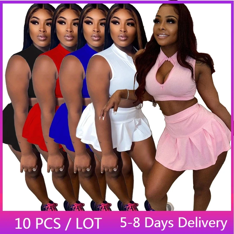 

Спортивный женский комплект из двух предметов, розовая повседневная одежда для женщин, короткий топ на молнии с V-образным вырезом и плиссированная мини-юбка