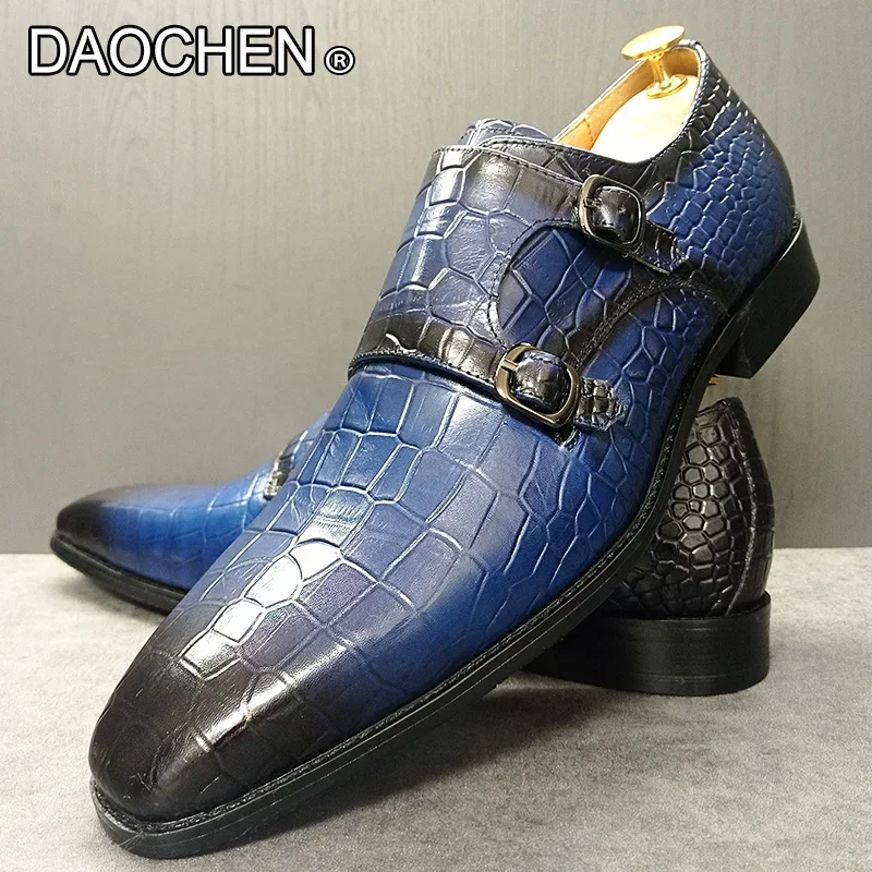 samoprzylepną marką MĘSKIE BUTY Z PODWÓJNYmi PASKAMI LOAFERY NIEBIESKIE SKÓRZANE CASUAL OFICE ŚLUBNE BUSINESS MONK DLA MĘŻCZYZN