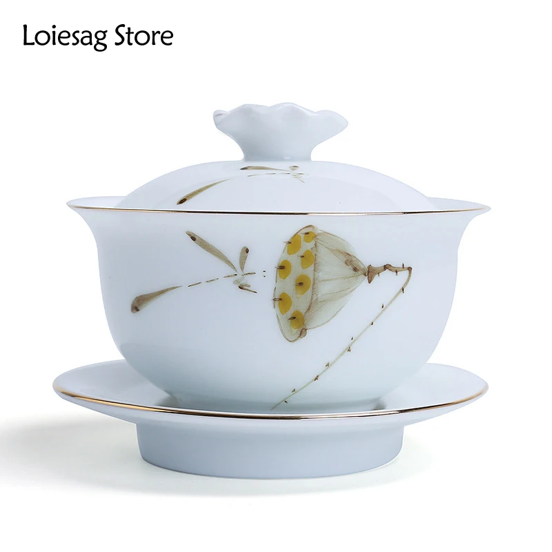 

Loiesag 130ml Hand Painted Porcelain Sancai Cover Bowl Teacup Tea Bowl Ceramic Kung Fu Tea Set Gaiwan Milk Oolong Office Cup Set