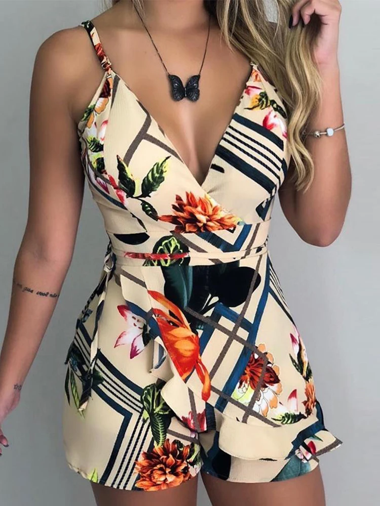

Shein Romwe 2022 набор из одной модной части для женщин на тонких бретелях с цветочным принтом, повседневный комбинезон, бесплатная доставка