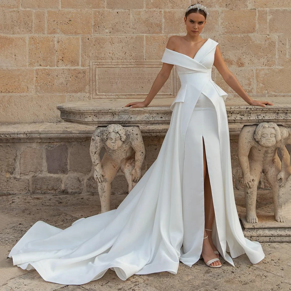 

Simple A-Line Stain Wedding Dress Off The Shoulder High Slit Sweep Train Bridal Gowns Custom Made Civil Robe De Mariee Customize