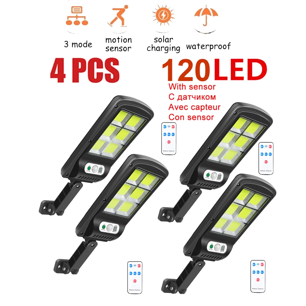 

remote 1-4pcs 48-128 COB Solar Powered PIR Motion Sensor Wall lamp Human Body Infrared Light Outdoor Waterproof Home floodlight