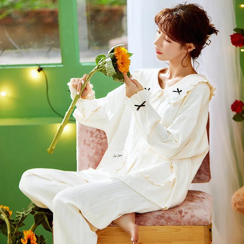 New Spring And Autumn Pajamas Women's Winter Long Sleeved Cotton  Cardigan Lapel Solid Color Simple Wearable Home Suit