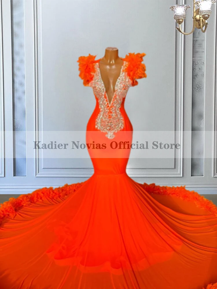 

Kadier Novias Long Women's Orange Luxury Prom Dresses 2022 with Feather V Neckline Backless Evening Dress