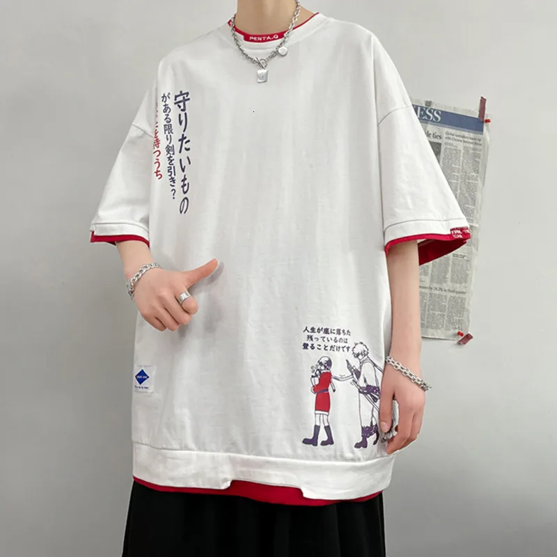 

Anime Fake Two Pieces Men T Shirts Short Sleeve Oversized Crew Neck Male Top Tees Japanese Style Casual Summer T-shirts