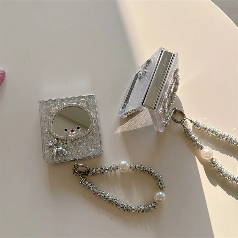 Милый чехол для телефона с зеркальным медведем Samsung Z Flip 6 5 4 3 цепочкой корейские