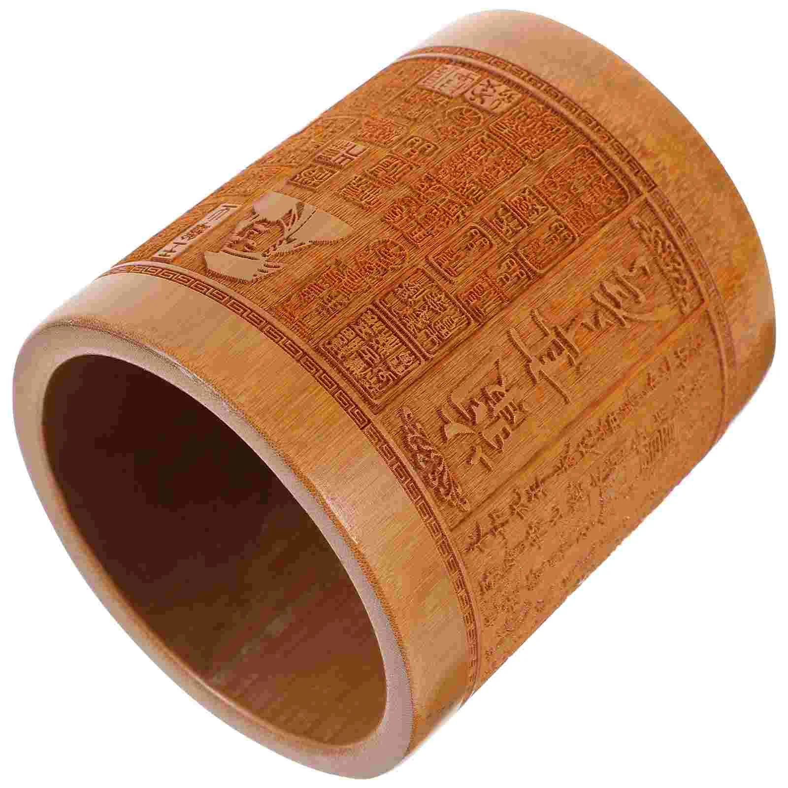 

Desk Pen Holder Office Container Cosmetics Storage Bucket Pot Decoration Bamboo Vintage Cup Organizer Carving Bin
