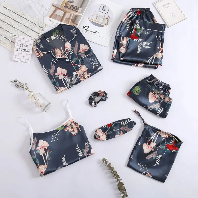 1 Spring and autumn ice silk pajamas women i summer thin long-sleeved seven-piece pajamas shorts suit women's home clothes