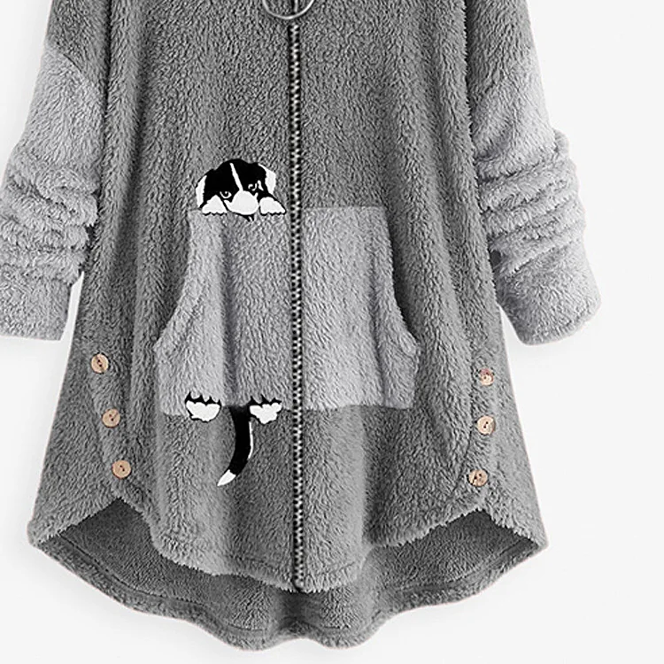 Plus Size Women's Loose Large Plush Hooded Long Sleeve Top with Pockets Winter Warm Sweatshirt Ey*