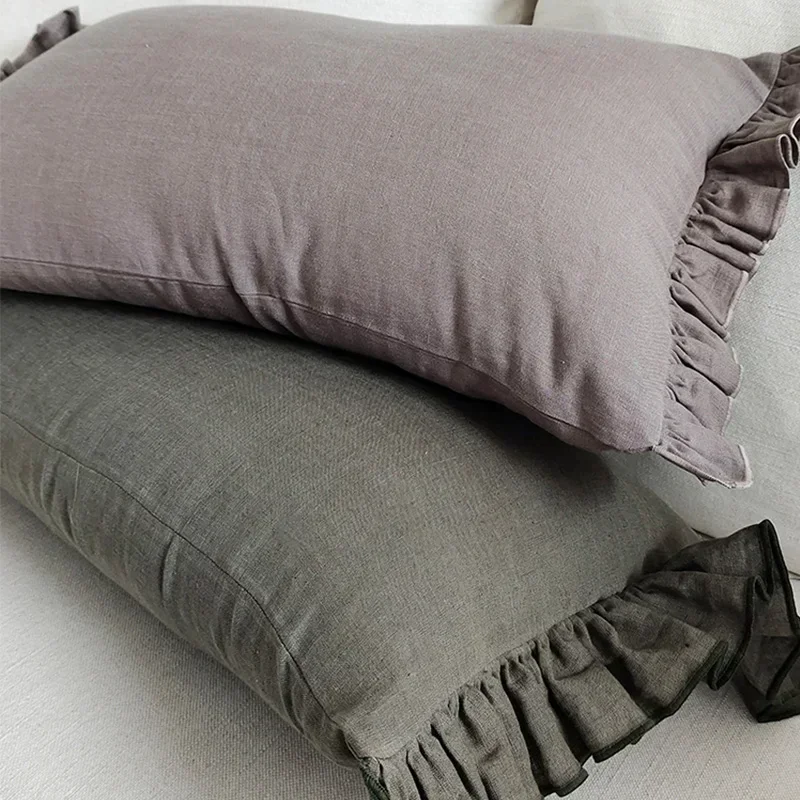 

2023 100% Linen Euro Sham With Ruffle Included Insert Washed Soft French Flax Pillow Cover Throw Home Decor For Pillowcase Car