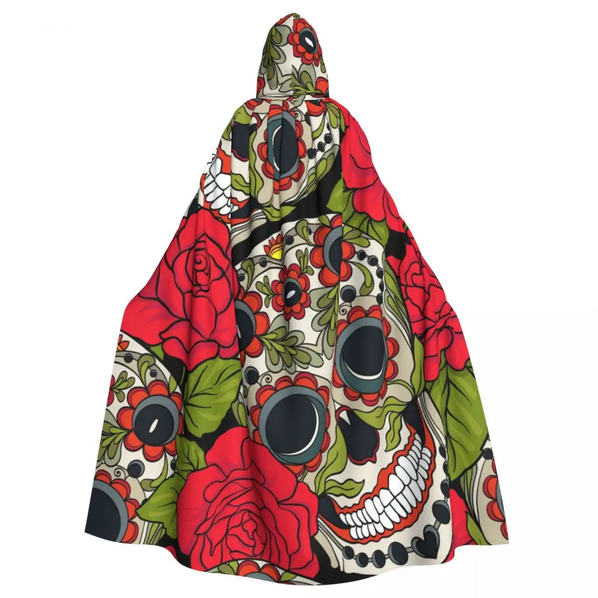 

Unisex Witch Party Reversible Hooded Adult Vampires Cape Cloak Sugar Skull And Red Roses