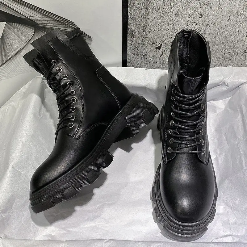 2022 Autumn New Lace Retro Motorcycle Boots Women British Thick Heel Platform Boots Women Shoes PU Round Toe Ankle Boots Winter