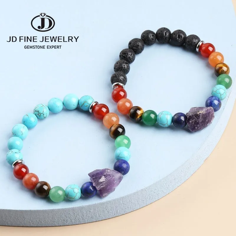 

JD Amethyst Rough 7 Chakra Natural Beads Stone Reiki Healing Bracelet Man Women Lava Turquoise Combined Bangles Yoga Jewelry