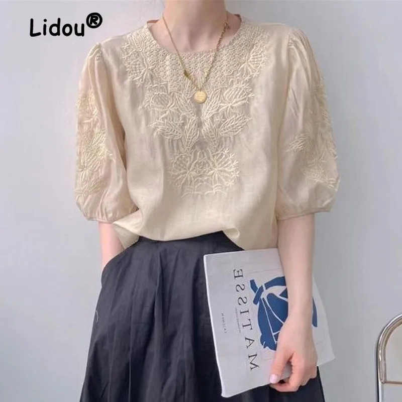 

Advanced Sense Temperament Embroidered Blouse Women New Classic Half Sleeve O-collar Office Korean All-match Lady Shirt 2023