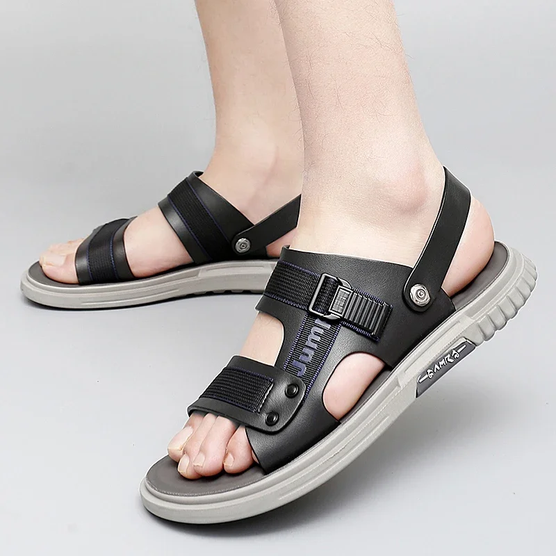 Сандалии мужские кожаные с открытым носком Классические шлепанцы для пляжа