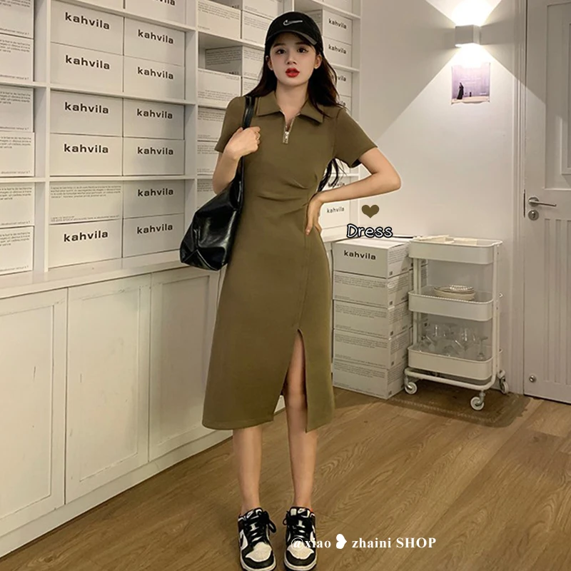 

Polo Collar Slit Dress Female 2022 New Summer College Style Polo Lapel Dress Sexy Temperament Royal Sister