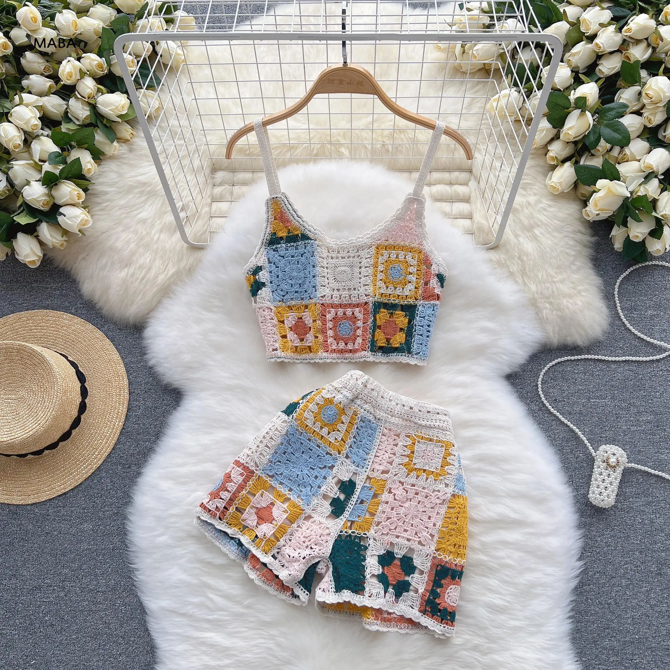 

Vintage Ethnic Shorts Two Piece Set Women Summer Sleeveless Floral Short Top + Shorts Elegant Bohemian Hollow Out Beach Suit