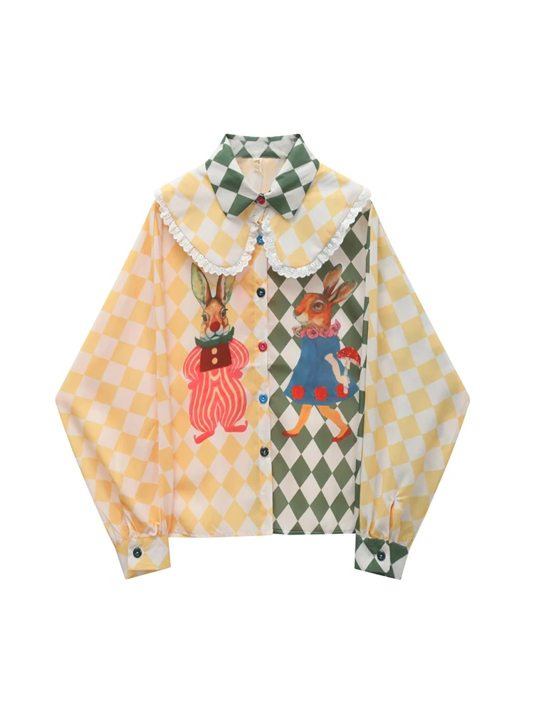 

2023 Spring Women's Checkerboard Printing Design Long Sleeves Blouse Casual Vintage Doll Collar Button Baggy Shirts Lady Clothes