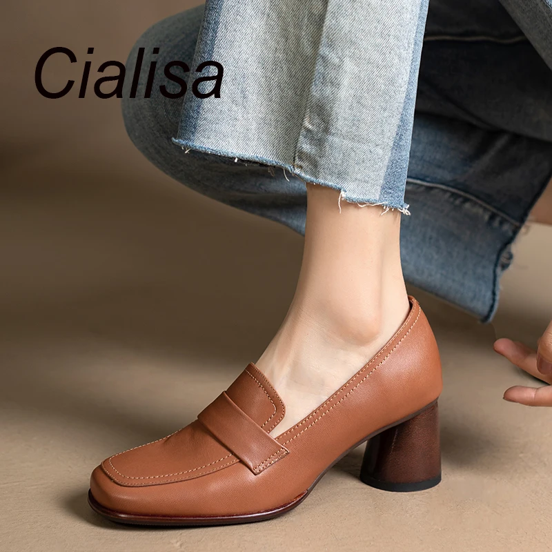 Cialisa Women Shoes New 2022 Autumn Square Toe Sheepskin Pumps Concise Handmade Ladies Slip-On High Heels Footwear Brown Black