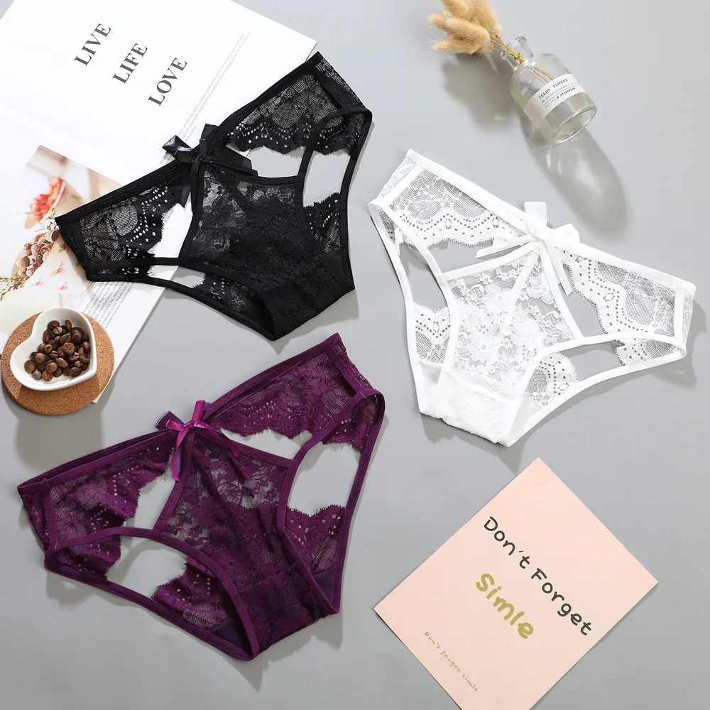

Sexy Women Underwear Panties Low Waist Transparent Underpants Women's Hollow Out Lace Briefs With Bow