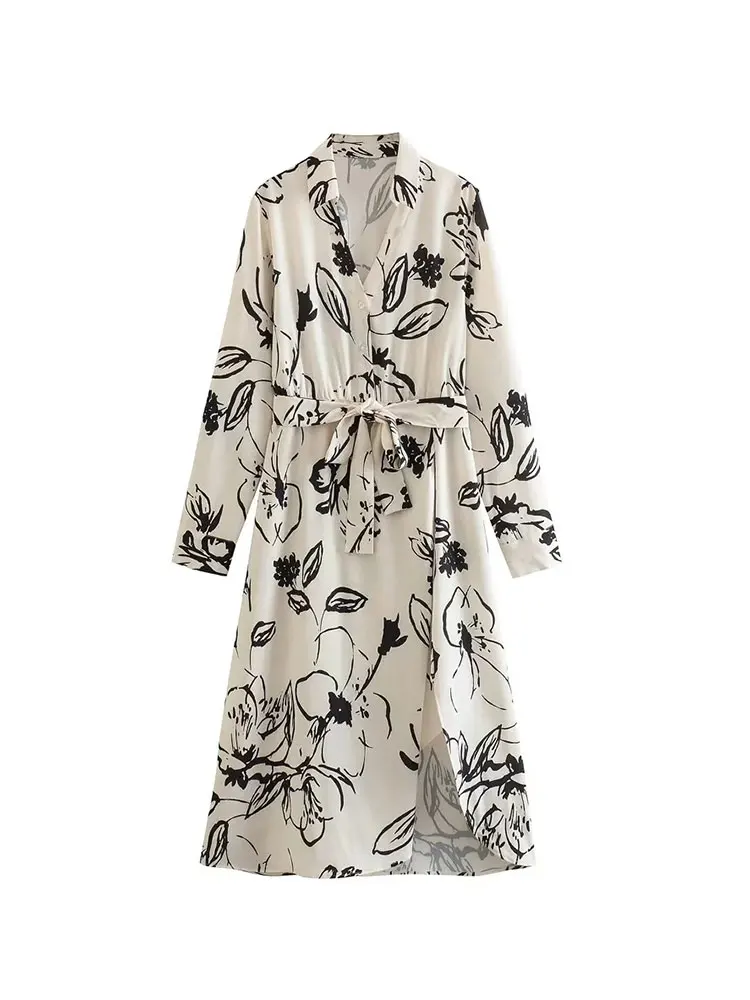 

Платье-рубашка с поясом и длинным рукавом, с цветочным принтом
