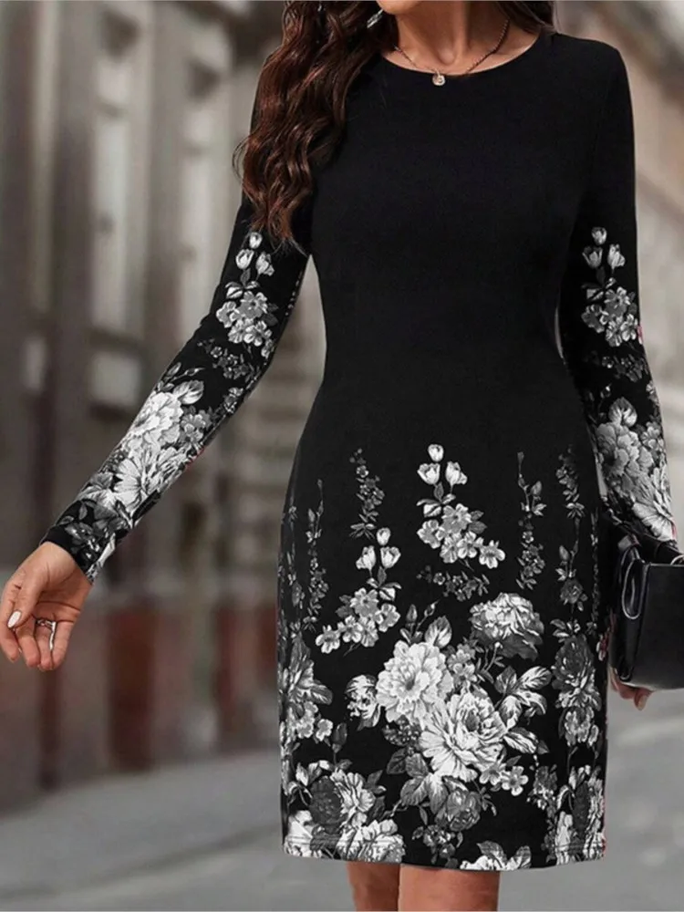 2024 Spring Autumn New Women's Casual Round Neck Long Sleeve Fashion Flower Printed Slimming Style Dress