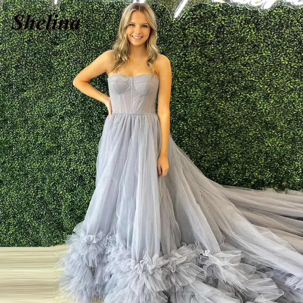 

Shelina Classic Prom Dresses Tiered Tulle Strapless Backless Sleeveless Ball Gowns Sweep Train Zipper Robes De Soirée Customized