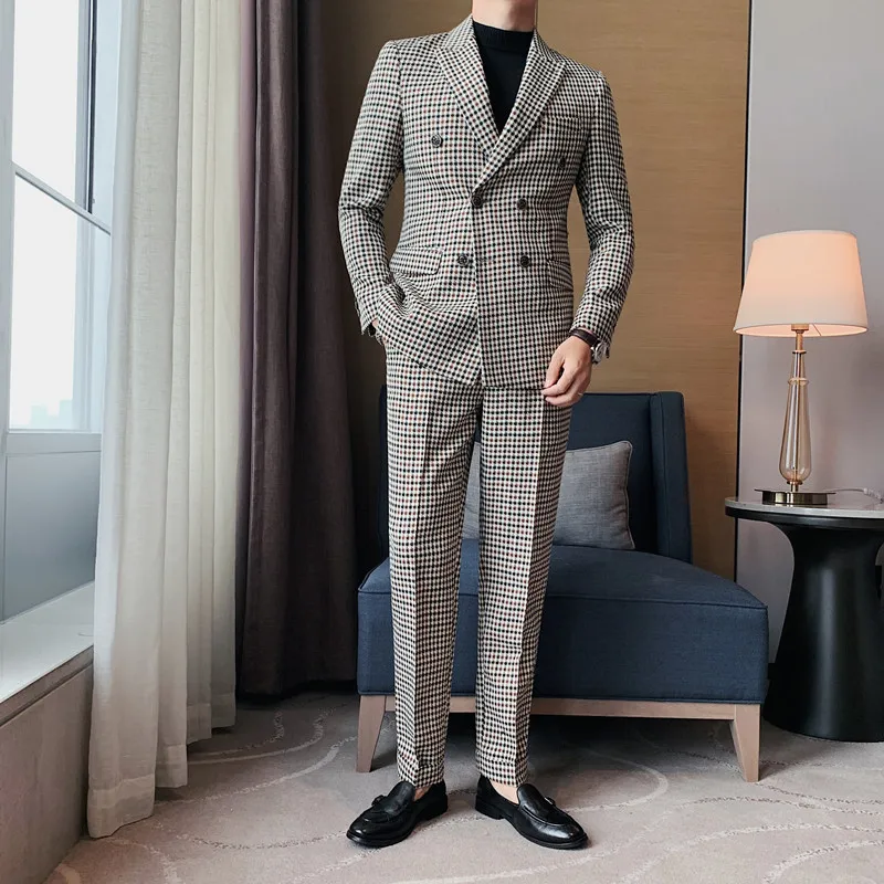 Jacket+Pants Fashion Houndstooth Men Suits Double Breasted Men Clothing  Wedding Tuxedos Vintage Slim Fit Wedding Dress Suits