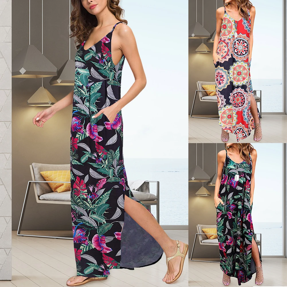 

Шикарное женское летнее платье макси, удобные повседневные модные длинные платья на бретельках без рукавов с принтом, V-образным вырезом и к...