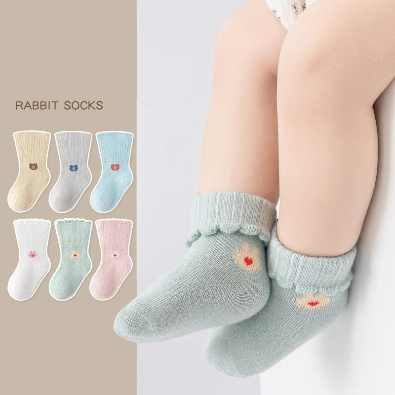 

Детские носки, Осенние Утепленные зимние хлопковые носки, теплые напольные носки для маленьких мальчиков и девочек для новорожденных, милые кружевные носки с мультяшным медведем