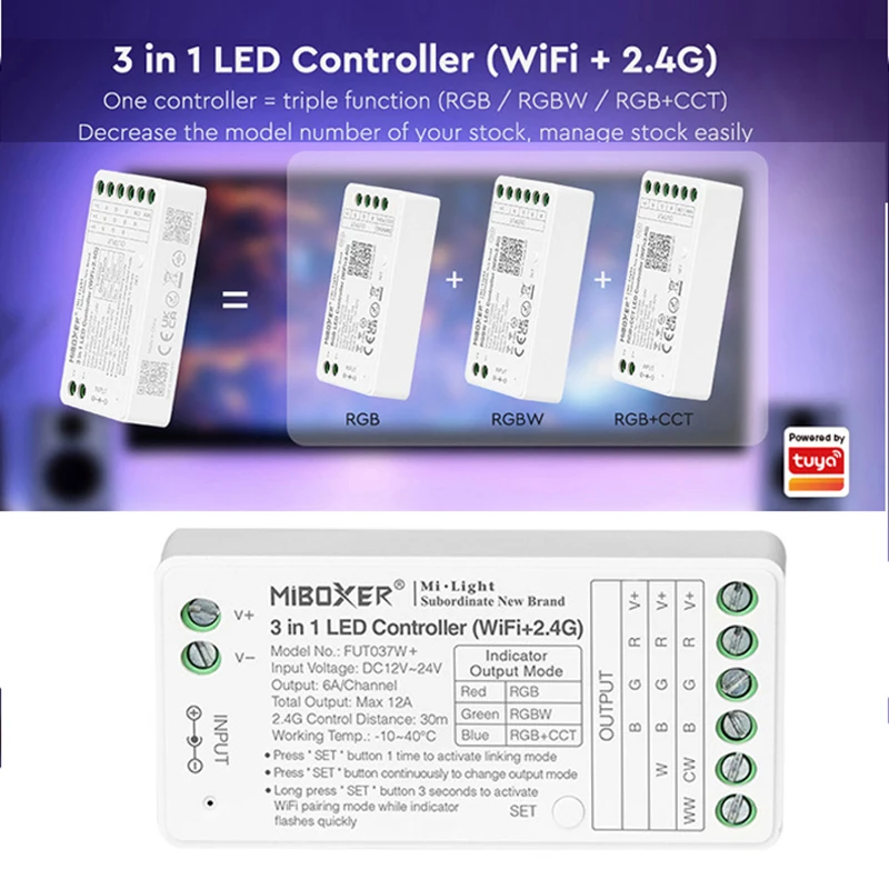 

Miboxer WIFI+2.4G LED Controller Single Color Dual White RGB RGBW RGB+CCT Smart LED Controller
