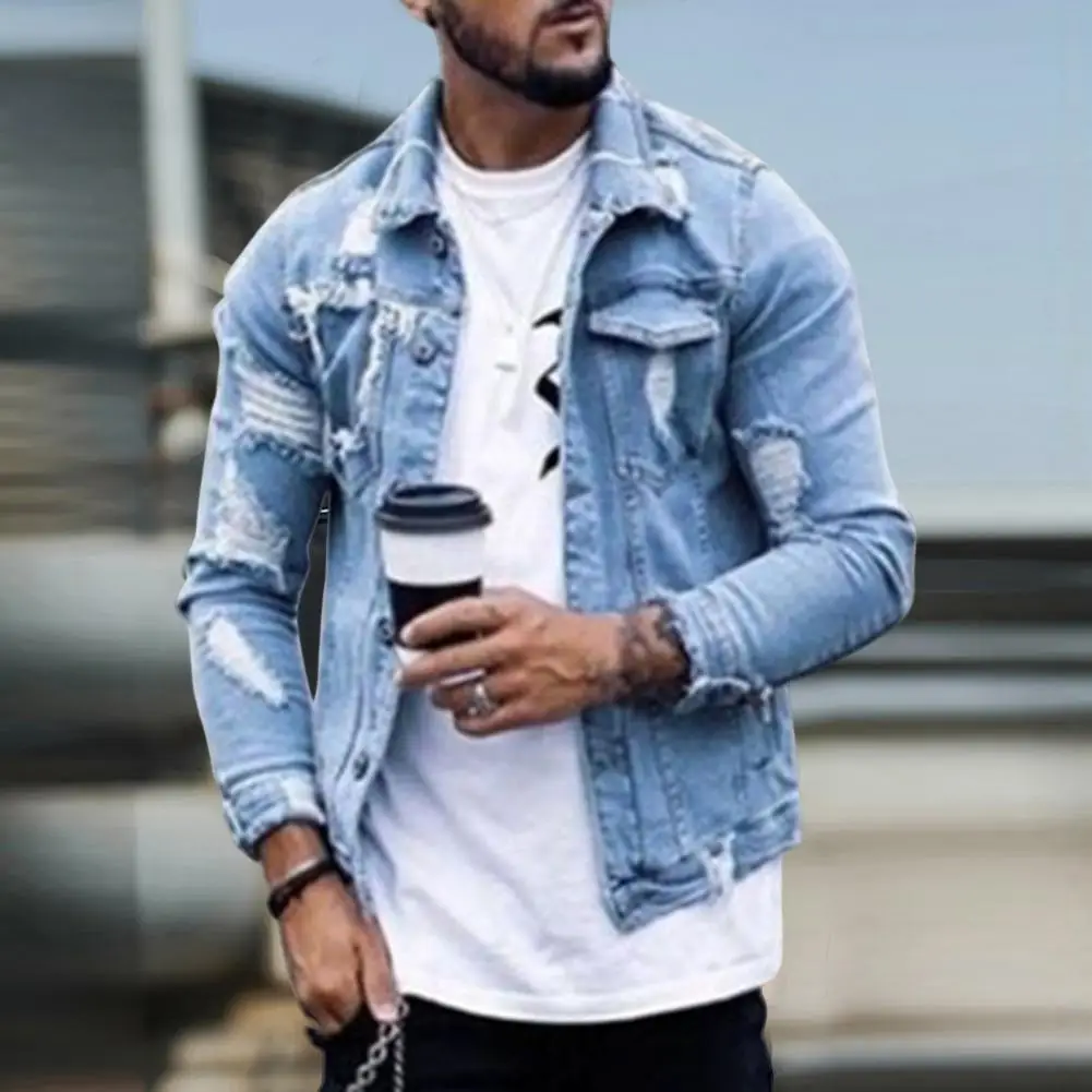 

Мужская повседневная однобортная джинсовая куртка, мягкая нестандартная куртка с потертостями