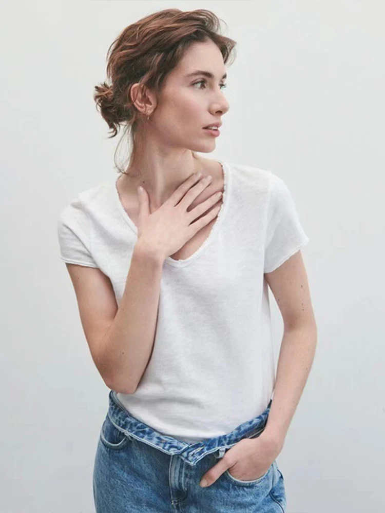 French Am VI Slub Cotton T-shirt Women's Short Sleeve Thin Loose Casual Small White V-neck Women Top T