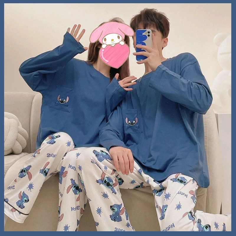 

Stitch Disney Pajamas Kawaii Anime Cartoon Long Sleeve Trousers Couple Style Aldult Sleepwear Nightwear Clothes Suits Gifts