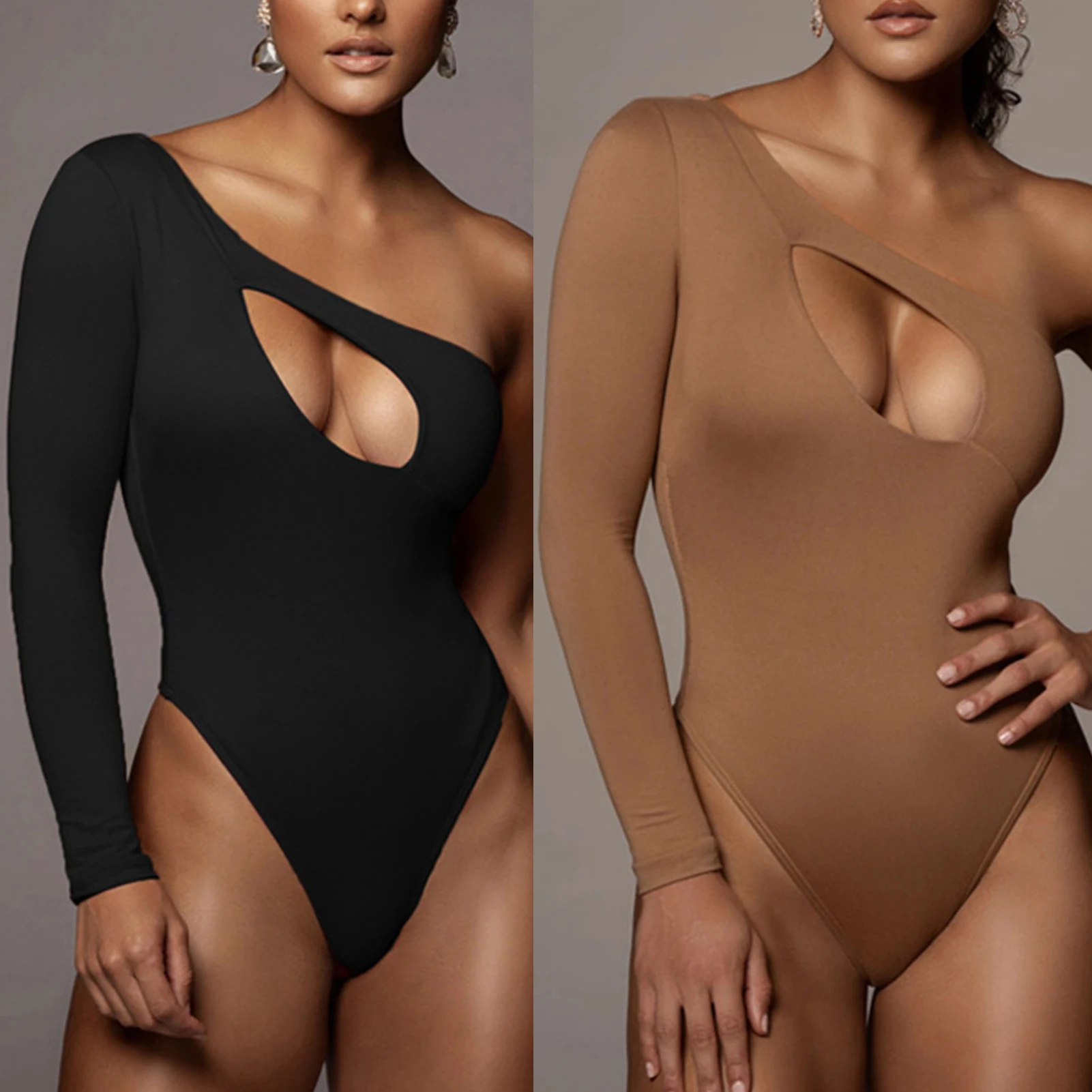 

Women Sexy Bodysuits Solid Color Long Sleeve Bodysuit One Shoulder Asymmetric Hollow Out High Waist Holidays Vacation