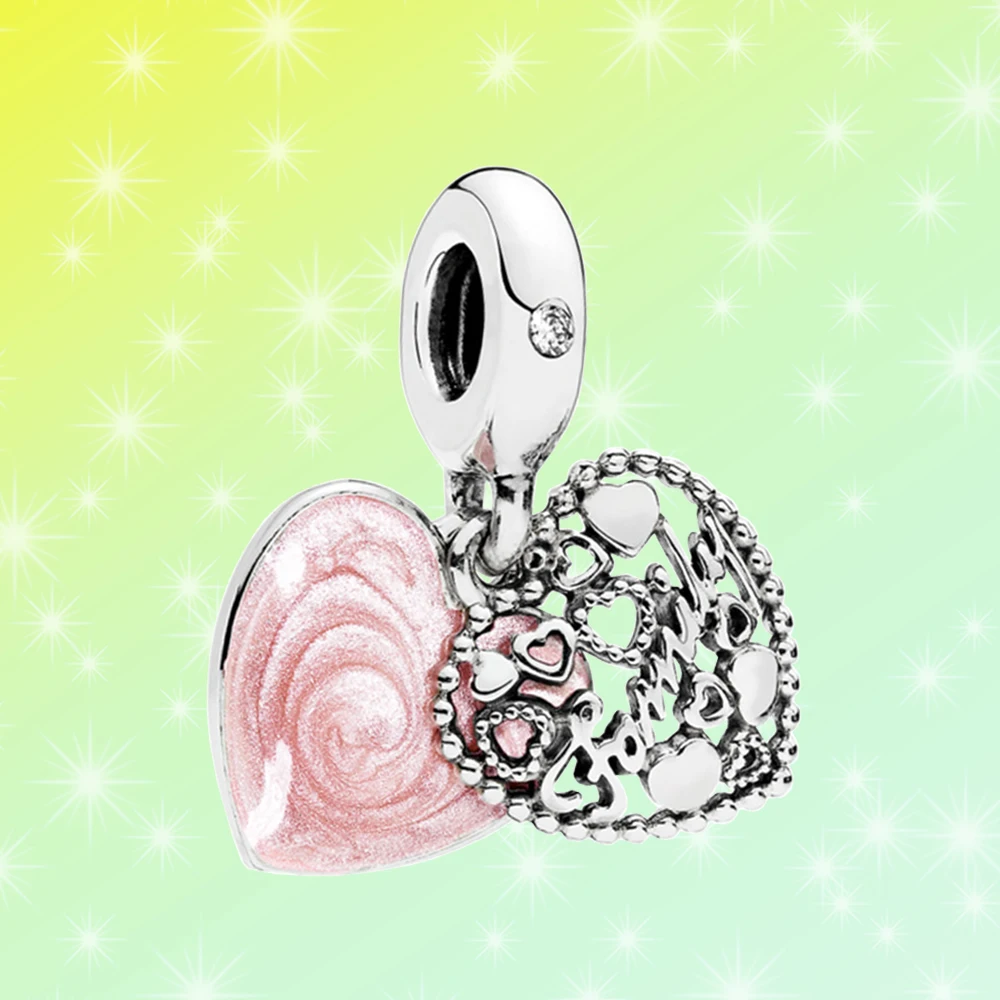 

Sparkling Pink Heart Double Dangle Charm 925 Silver Anniversary Jewelry Fit for Pandora DIY Fashion Girl Bracelet Necklace Gift